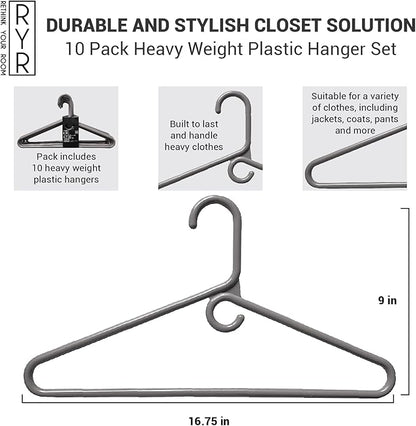 Rethink Your Room Clothes Hangers 10 Pack Plastic - Heavy Duty Space Saving Coat, Velvet Hangers, Pant Hangers for Closet Organization - Durable Non-Slip, Grey Wardrobe Essentials Bulk Storage