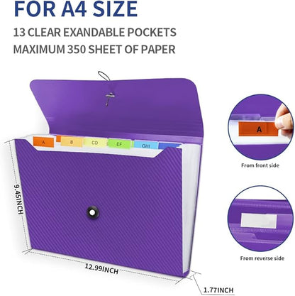 Expanding File Folder, 13 Pockets Accordian File Holder Organizer, A4 Letter Size Paper Document Receipt Organizer Accordion Filing Folder for Classroom, Home, Office and Travel