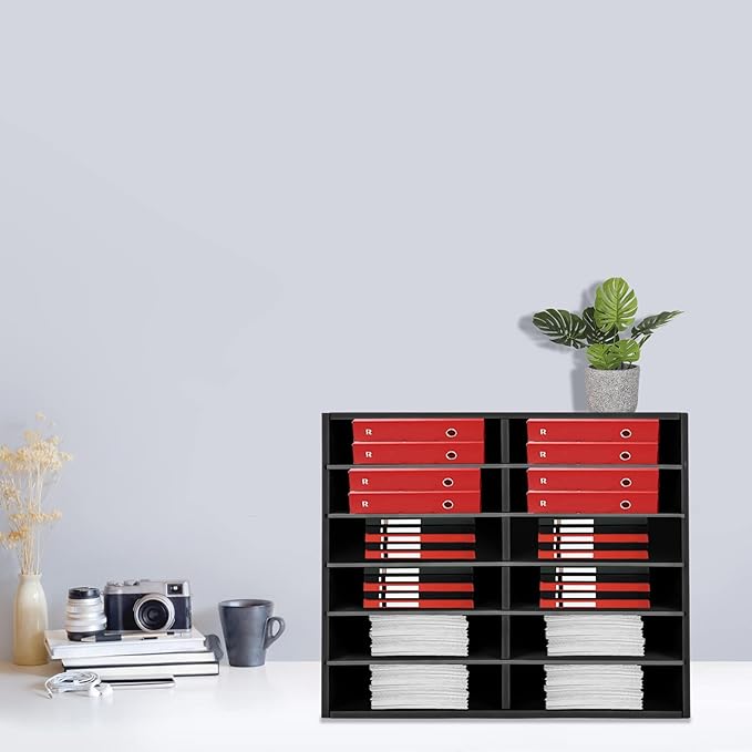 Literature Organizer Sorter,Desktop File Sorter Mail Center Magazine Paper Storage PVC Board File Holder Mailbox Student Classroom Keepers for Home&Office (Black, 12 Slots)