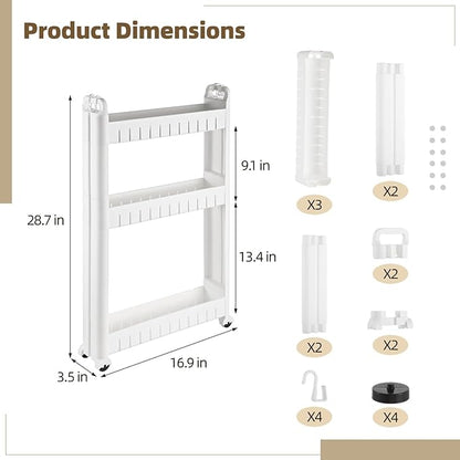 3 Tiers Slim Rolling Storage Cart, 3.5 Inches Slim Slide Out Bathroom Organizer Cart, Tiered Storage Rack with Wheels, Narrow Mobile Utility Cart for Laundry Room, Kitchen, Office, Sturdy Room