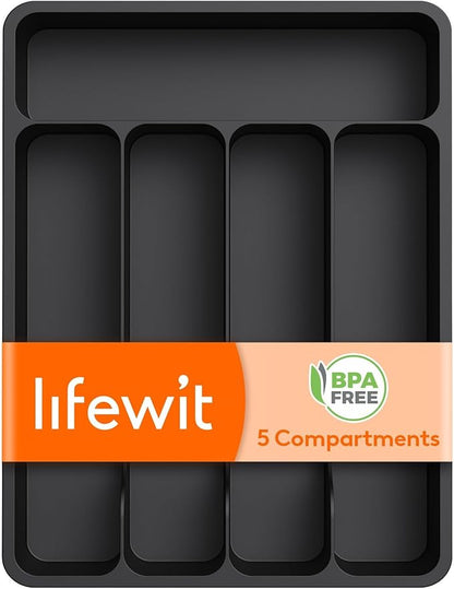 Lifewit Silverware Drawer Organizer Tray, Plastic Cutlery Storage for Kitchen Drawer, Flatware and Utensil Holder Divider for Spoons Forks Knives Tableware, 5 Compartment, Black