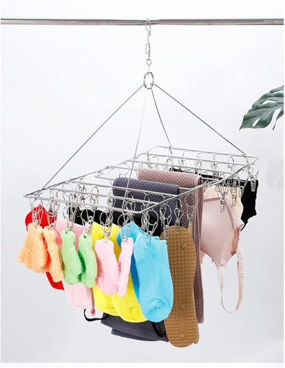 [2 Pack] Folding Clothes Drying Hanger with 72 Clips Totally, Stainless Steel Space Saver Washline Dryer Rack with Peg for Sock, Underwear, Baby Clothes and Delicate Washes