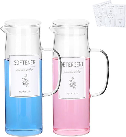 Laundry Detergent Dispenser Set with Labels and Handle for Laundry Room Organization and Storage- Easy Pour 2 Pack 50 oz Liquid Laundry Containers for Laundry Room Decor, Farmhouse Decor
