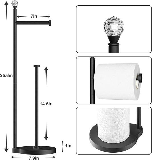 Toilet Paper Holder for Bathroom, Heavy Weighted Metal Free Standing Toilet Paper Storage with Crystal Ball, Toilet Paper Stand for Bathroom Accessories, Matte Black [Holds MEGA Rolls]