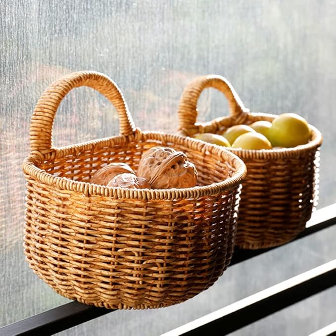 Cabilock Hanging Woven Storage Basket for Kitchen Decorative Garlic and Ginger Organizer Rattan Egg Holder Wall-Mounted Basket for Home Capacity Easy to Clean