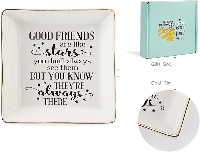 HOME SMILE Good Friends Bestie Birthday Gifts for Women Her Ring Trinket Dish Jewelry Tray-Good Friends are Like Stars - You Don't Always See Them But You Know They're Always There, Friendship Gifts