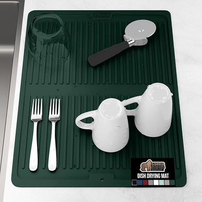 GORILLA GRIP 100% BPA-Free Silicone Dish Drying Mat for Kitchen Counter, 18x16, Quick Dry, Water Catching Ribbed Design, Easy Clean Waterproof Sink Liner, Heat Resistant, Fits Under Rack, Hunter Green