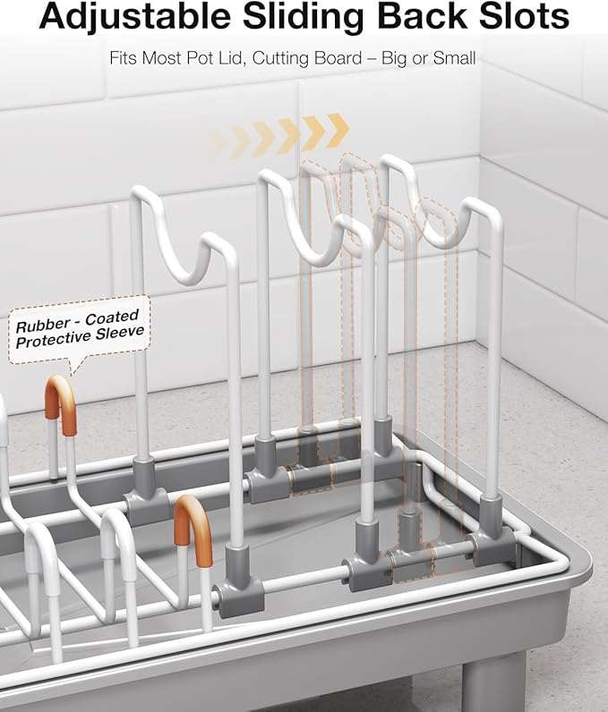 Nfnoyp Dish Rack, Carbon Steel Small Dish Drying Rack Rustproof for Kitchen Counter, Compact Space-Saving Dish Drainer with Adjustable Slots for Small Kitchens & Apartments, 16.5×6.5×7inch, Grey