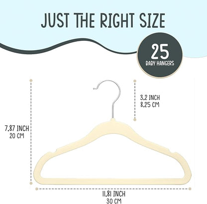 TechZoo 25 Premium Baby Velvet Hangers - 11.8 Inches Non-Slip & Ultra-Slim Baby Hangers for Space-Saving & Children Clothes - 360 Swivel Hook, Strong & Durable Infant & Toddler Clothes Hanger - Beige