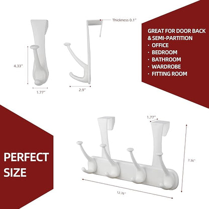 Lekarf Over The Door Coat Hook Kit, 1PC 4 Dual Hooks Rack + 2PC Dual Head Hook, White PP Material for Living Room, Bedroom, Bathroom, Wardrobe, Fitting Room, Office