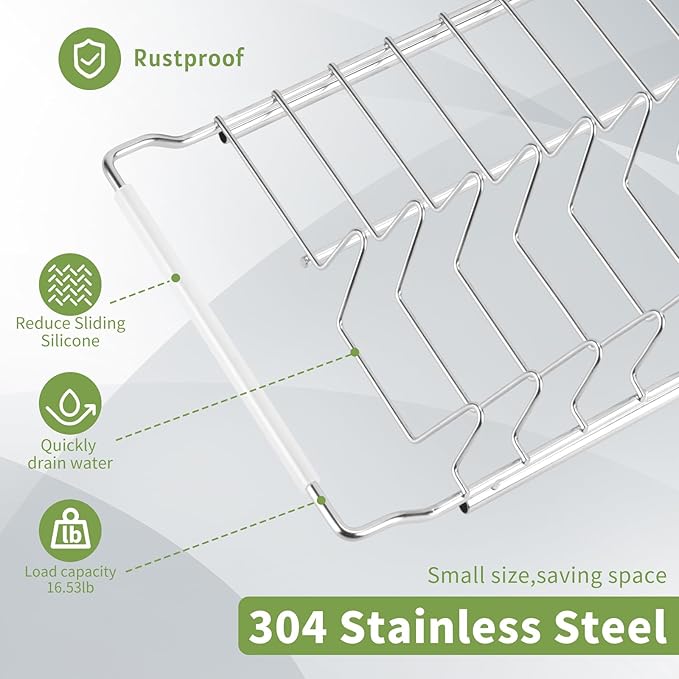 PapakeNook Space Saving Dish Drying Rack Small - Expandable Telescopic Over The Sink Drying Rack,304 Stainless Steel Dishrack for 13.58" - 21.65" Sinks.(Large)