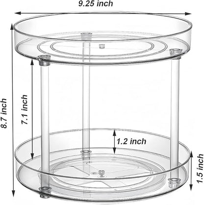 2 Tier 9.25Inch Clear Lazy Susan Organizer for Fridge and Cabinet, 360°Rotating Makeup Organizer, Cosmetic Display Cases, Under Sink Turntable Organizer for Kitchen Bathroom Dorm