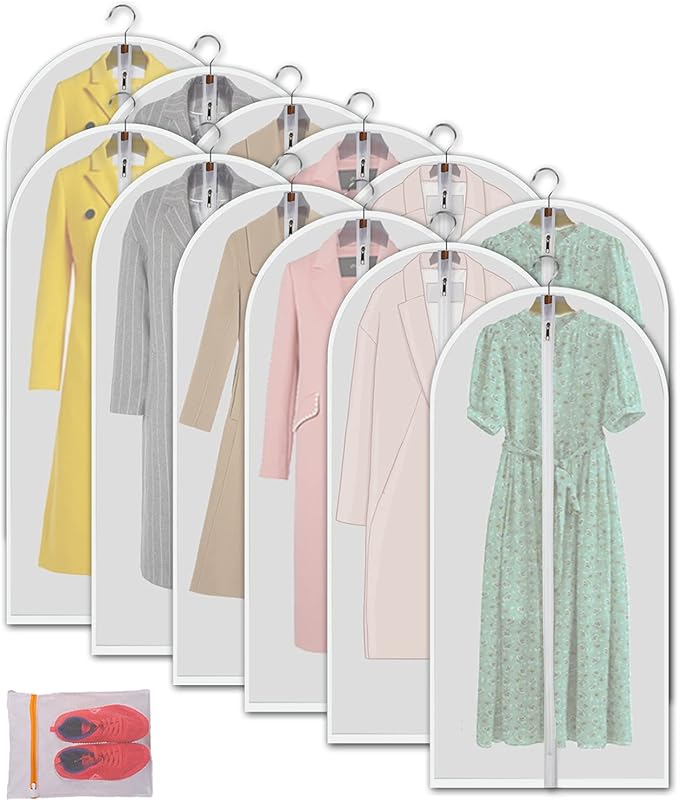 Garment storage clothing bags - 48 inch PEVA garment covers closet storage bag set for 12pcs with Mesh Laundry Bag Included