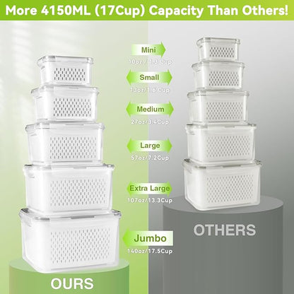 LUXEAR Larger 5PCS Fruit Storage Containers For Fridge, Produce Vegetable Saver Container with Lid Colander Vent Handle, BPA-Free Refrigerator Microwave Dishwasher Safe, Keep Fruits Veggie Food Fresh