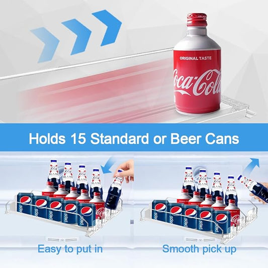 Jaxbo Drink Organizer For Fridge, Adjustable Self Pushing Drink Dispenser for Refrigerator Organizers and Storage, Automatic Fridge Drink Organizer, 3 Rows, 14.96" D - Holds up to 15 Cans
