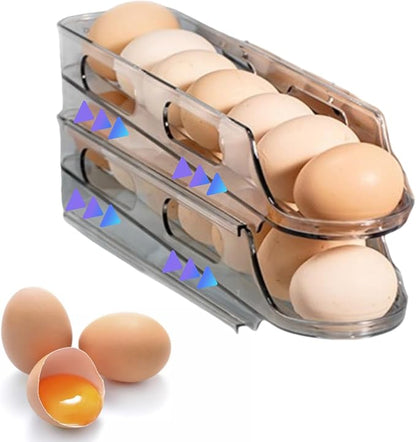 Egg Holder for Fridge,Stackable 1-4 Tiers Container,Auto Rolling Fridge Organizer for Refrigerator,Space-Saving Dispenser Holder,Refrigerator Egg Rack Transparent (2 Packs)
