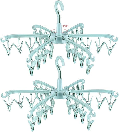 Foldable Drying Rack with 24 Clips for Drying Socks Lingerie Baby Clothes Drying Towels Rotatable Sock Drying Rack 2pcs (Green)