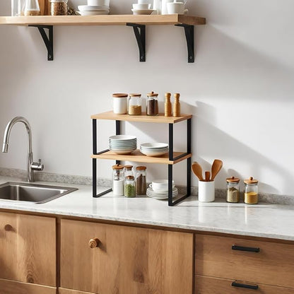 Kitchen Cabinet Organizer Shelf, Set of 2 Stackable Counter Shelves, Small Wood Cabinet Riser Shelf for Pantry Cupboard Spice Dish Mug Cup, Expandable, Metal Engineered Wood (Beige & Black, 11.7''W)