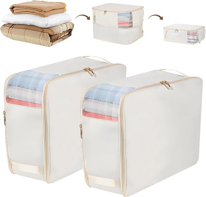 Compression Storage Bags for Clothes, Foldable Reusable Organizers for Down Coats, Comforters, Bedding, Blankets, Self Compression Packing Cubes Space Saver Bags with Dual Zippers, 2 Pack, 40 L, Beige