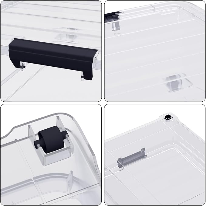 Waikhomes 4-Pack 25L Plastic Under Bed Storage Organizer Bin Container with Latch Lids and Wheels, Clothes Storage Box Rolling Underbed, Clear