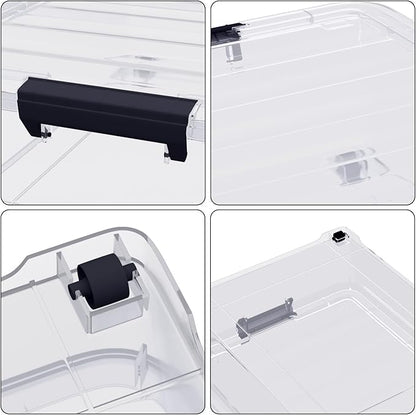 Waikhomes 4-Pack 25L Plastic Under Bed Storage Organizer Bin Container with Latch Lids and Wheels, Clothes Storage Box Rolling Underbed, Clear