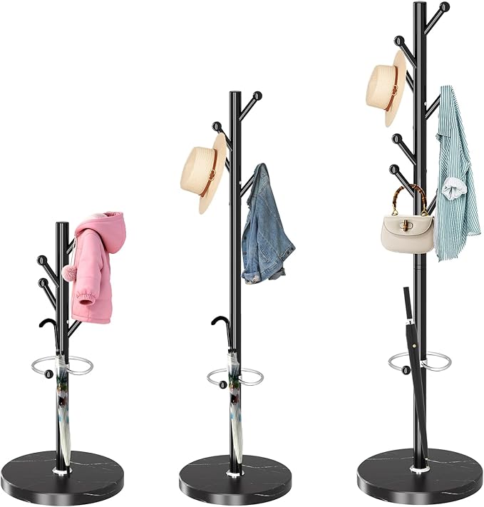 ZOZOE Metal Coat Rack Stand, Modern Coat Rack Freestanding with Natural Marble Base, Sturdy Industrial Coat Racks with 8 Hooks & Umbrella Holder,Black Coat Tree Hanger Stand for Entryway,Office