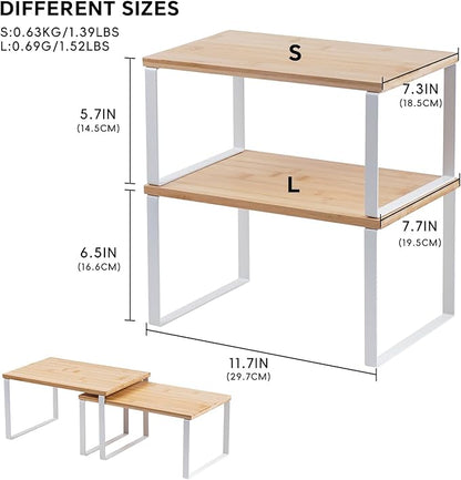 Kitchen Cabinet Organizer Shelf, Set of 2 Stackable Counter Shelves, Small Wood Cabinet Riser Shelf for Pantry Cupboard Spice Dish Mug Cup, Expandable, Metal Engineered Wood (Beige & White, 11.7''W)