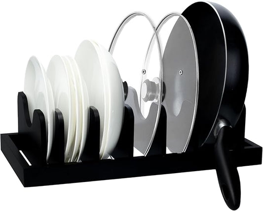 MinBoo Bamboo Pot Lid Organizer Pot Lid Holder, Pot and Pan Organizer Drawer Organizer for Pot Lids, Pans, Cutting Boards & Baking Sheets, Dinner Plates, Reusable Containers in Cabinet Storage,Black