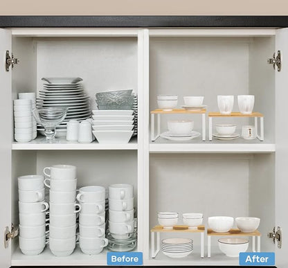 NEX Bamboo Kitchen Cabinet and Counter Shelf Organizer, Stackable & Expandable, Set of 4, White and Natural
