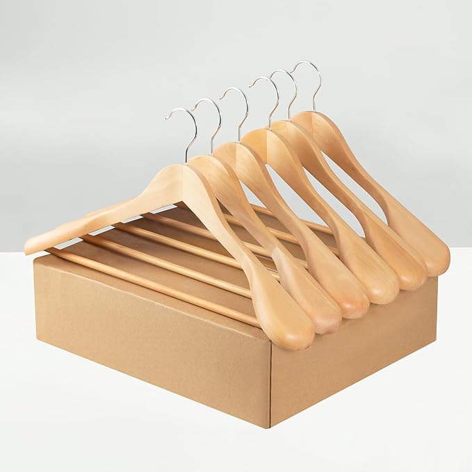 ELONG HOME Suit Hangers, 6 Pack Heavy Duty Wooden with Extra Wide Shoulder, 17.5" Luxury Coat for Closet, Natural with 360 Swivel Hook & Strong Pant Bar