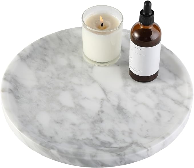 Natural Marble Decorative Tray for Bathroom Bedroom Kitchen Dresser, 11” Round Vanity Trays for Jewelry, Perfume, Cosmetic, Candle, Countertop Storage Organizer for Home Decor White, Arabescato