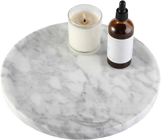 Natural Marble Decorative Tray for Bathroom Bedroom Kitchen Dresser, 11” Round Vanity Trays for Jewelry, Perfume, Cosmetic, Candle, Countertop Storage Organizer for Home Decor White, Arabescato