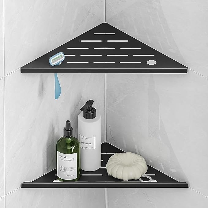 Corner Shower Shelf with Razor Hole, Modern Sturdy Shower Caddy, 10" 304 Stainless Steel Shower Organizers Bathroom Shelf for Tile Wall, No Drilling Grout Mount Shelf for Shower,Bathroom Accessories