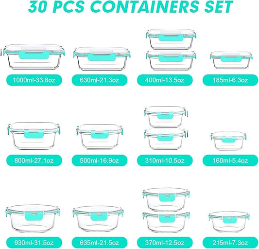 VERONES 30 Pieces Glass Meal Prep Containers Set, Stackable Glass Food Storage Containers with Lids-Airtight Lunch Containers，for Microwave, Oven, Freezer & Dishwasher,Green