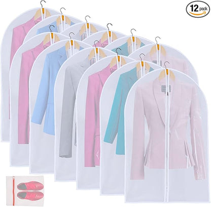12 Pack Shirt Garment Bags (24x36") - Dustproof Short Suit Covers - Durable PEVA Closet Bags with Sturdy Zipper for Blouses, Jackets, Sweaters & T-Shirts (Translucent)