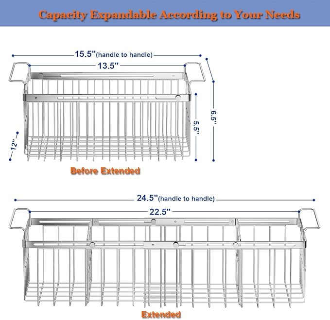 Freezer Organizer Bins for Chest Freezer, Capacity Expandable Deep Freezer Baskets Hanging Chest Freezer Organizer with Divider Sheets, Length Extendable Between 15.5" ~ 24.5"