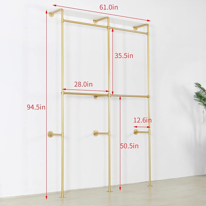 Modern Simple Industrial Pipe Double Hanging Rods Clothing Rack with Shelves, Heavy Duty Metal Clothes Rack Bedroom Freestanding Wardrobe Closet Rack, 93in Gold