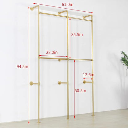 Modern Simple Industrial Pipe Double Hanging Rods Clothing Rack with Shelves, Heavy Duty Metal Clothes Rack Bedroom Freestanding Wardrobe Closet Rack, 93in Gold