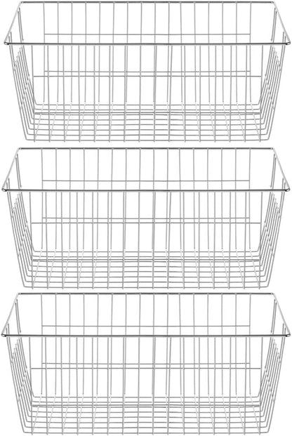 SANNO Farmhouse Freezer Bastets Organizer Bin Large Metal Wire Food Storage Organizer Bin Basket - for Kitchen Cabinets, Pantry, Bathroom, Laundry Room, Closets, Garage - Chrome, 3 pack