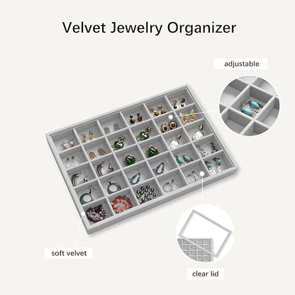 Wudygirl Jewelry Organizer Velvet Jewelry Tray with Lid Earring Holder Organizer Drawer Insert 30 Gird Earring Tray Ring Storage for Women Adjustable (Gray)
