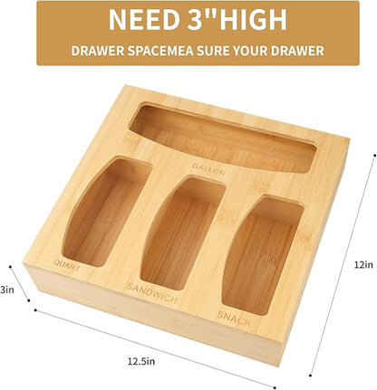 Plastic Bag Organizer, Bamboo Food Storage Bags Container Organizer for Drawer, Baggie Bags Storage for Drawer Compatible Sandwich Variety Size Bags