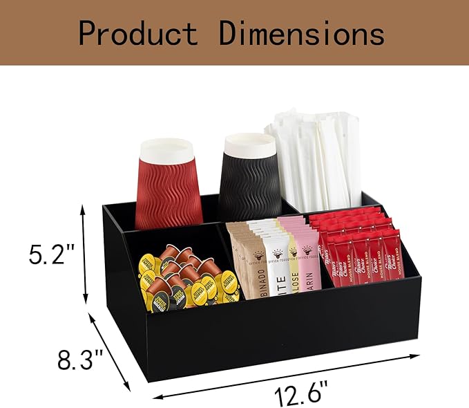 Coffee Bar Station Organizer for Countertop, Acrylic Coffee Pods Sugar Packets Tea Bags Storage Basket for Countertop, Black