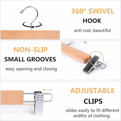 Amber Home 10 Pack 14.17" Solid Natural Wooden Pant Skirt Hangers, Bottom Hangers for Slacks Trousers Jeans with 2-Adjustable Anti-Rust Clips (Natural, 10 Pack)