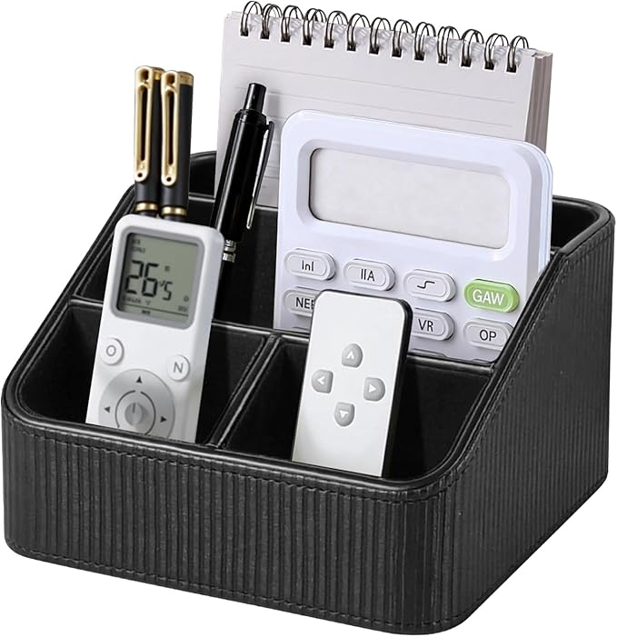 ACUDUDOMA PU Leather Remote Control Organizer Holder, 4-Compartment Small Desk Organizer, All-in-One Desk & Nightstand Caddy for Remotes, Phones, Glasses & Office Accessories