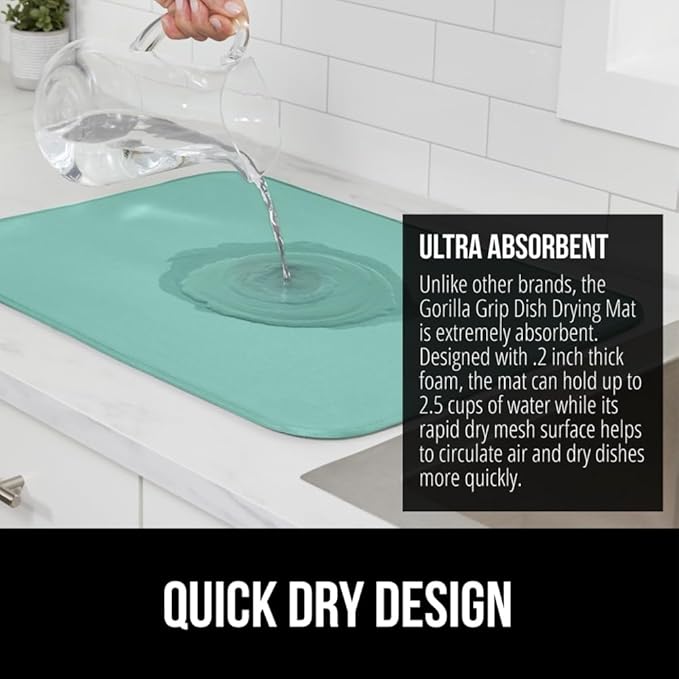 GORILLA GRIP Ultra Water Absorbent Microfiber Dish Drying Mat, 18x24, Quick Dry Thick Mesh, Slip Resistant Pad for Sink Dishes or Under Rack, Kitchen Counter Accessories, Machine Wash Mats, Mint