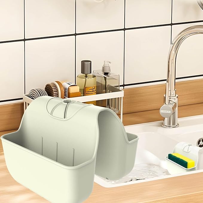 VPASION Sponge Holder for Kitchen Sink, Silicone Sink Saddle Caddy Organizer Rack, Sponges Holder Over Faucet, Hanging Kitchen Organizer Accessories Rack Basket Beige