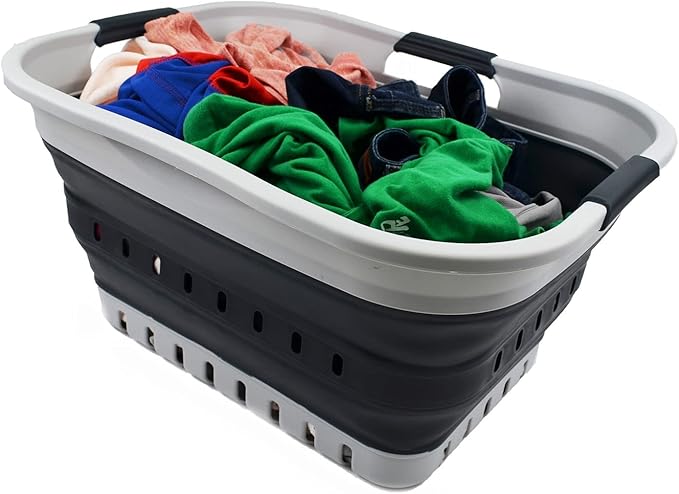 SAMMART 30L (8 gallon) Collapsible 3 Handled Plastic Laundry Basket - Foldable Pop Up Storage Container/Organizer - Portable Washing Tub - Space Saving Hamper/Basket (Grey/Slate Grey)