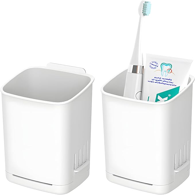 2 Packs Wall Mounted Toothbrush Holders, Self Adhesive Bathroom Toothbrush Wall Holder for Electric Toothbrush, Toothpaste, Razor,Shower Item (White