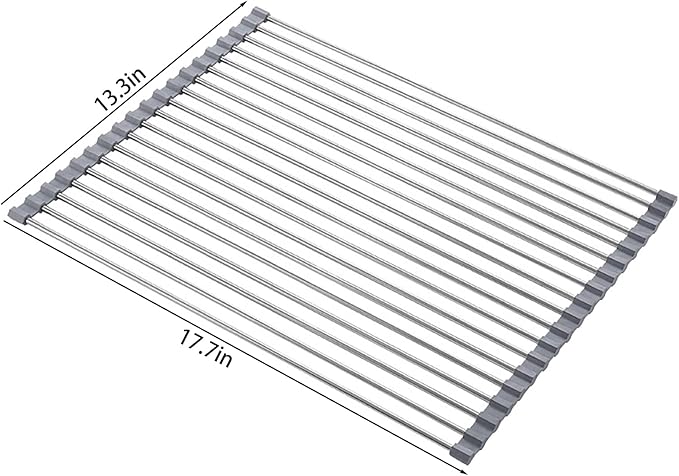 Roll up Over The Sink Dish Drying Rack Roll up Sink Racks Stainless Still Kitchen Rolling Dish Drainer Foldable Dishes Racks for Kitchen Sinks Counter (17.7''X13.3'')