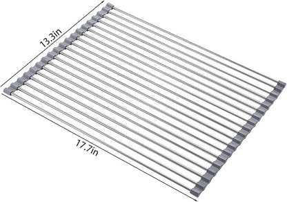 Roll up Over The Sink Dish Drying Rack Roll up Sink Racks Stainless Still Kitchen Rolling Dish Drainer Foldable Dishes Racks for Kitchen Sinks Counter (17.7''X13.3'')